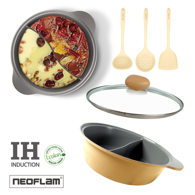 NEOFLAM 陶瓷不沾鑄造28公分鴛鴦鍋含玻璃蓋-香草雪酪(IH、電磁爐適用) 送矽銀配件3件組