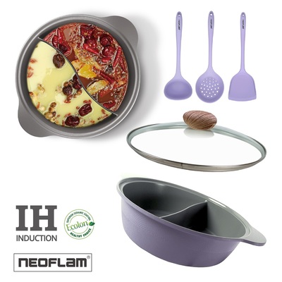 NEOFLAM 陶瓷不沾鑄造28公分鴛鴦鍋含玻璃蓋-紫(IH、電磁爐適用) 送矽銀配件3件組